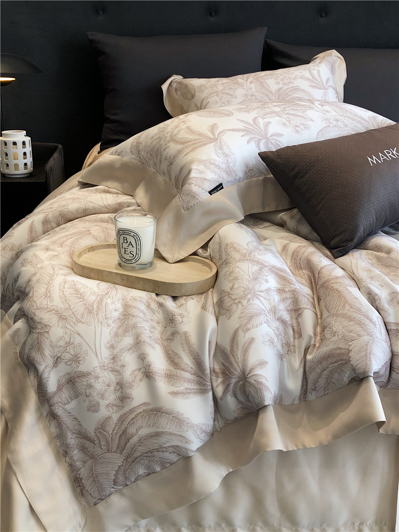 Cool ultra-fine denier Tencel summer light and cool condensation filament four-piece set, elegant printed sweat-absorbing nude bedding pic 7