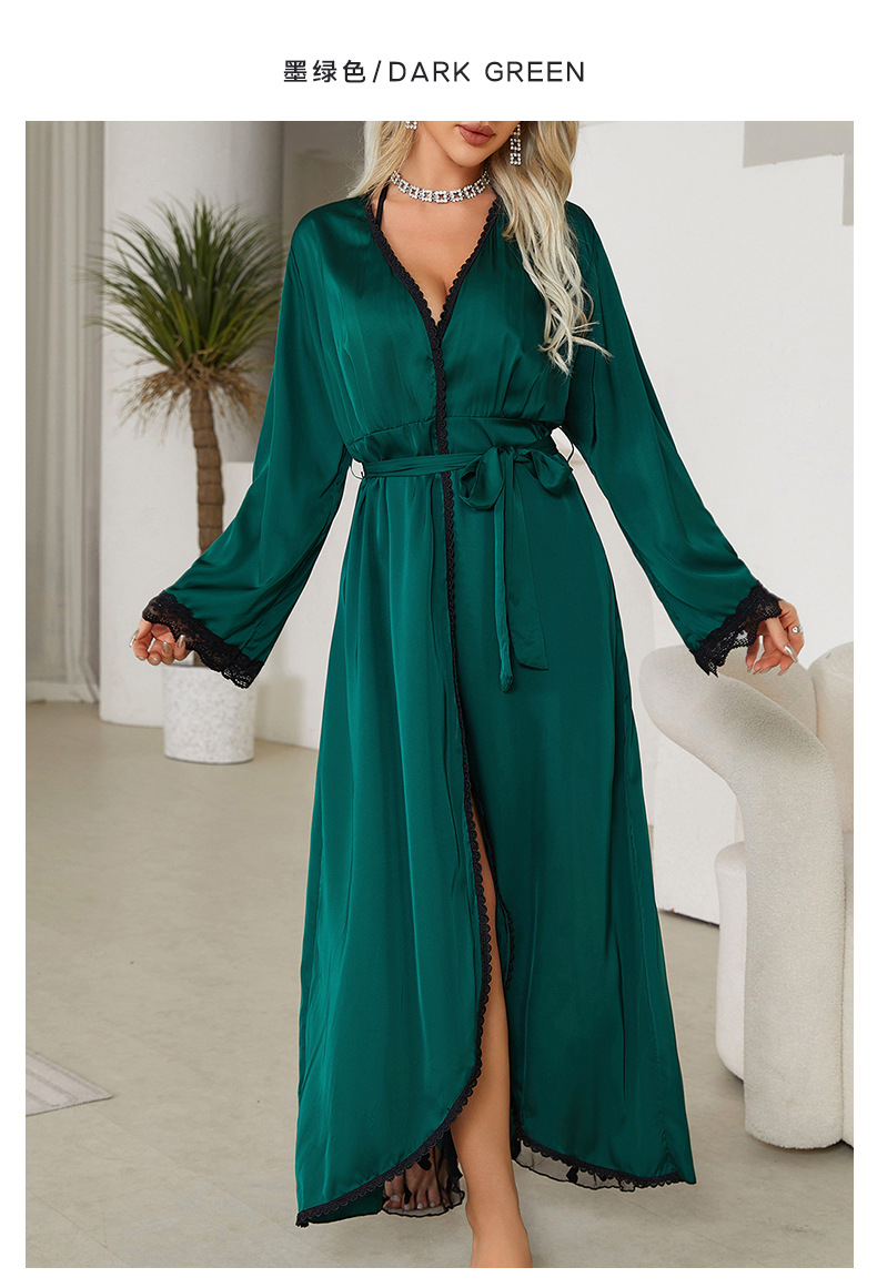 New cross-border light luxury long-sleeved V-neck satin lace patchwork long bathrobe, bathrobe and home wear for women, 657 pic 20