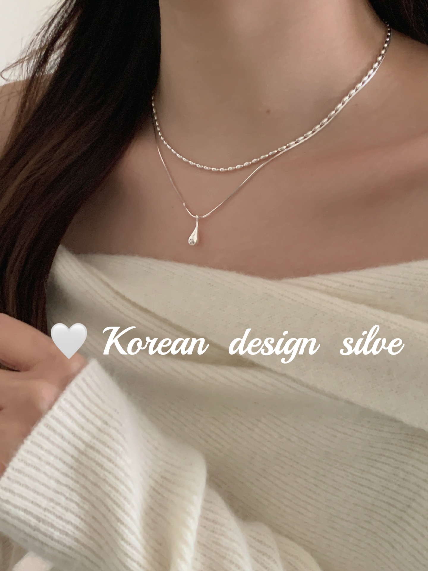 韩国小众设计亮银饰品 S925纯银双层橄榄水滴项链高级感叠戴ins风详情4