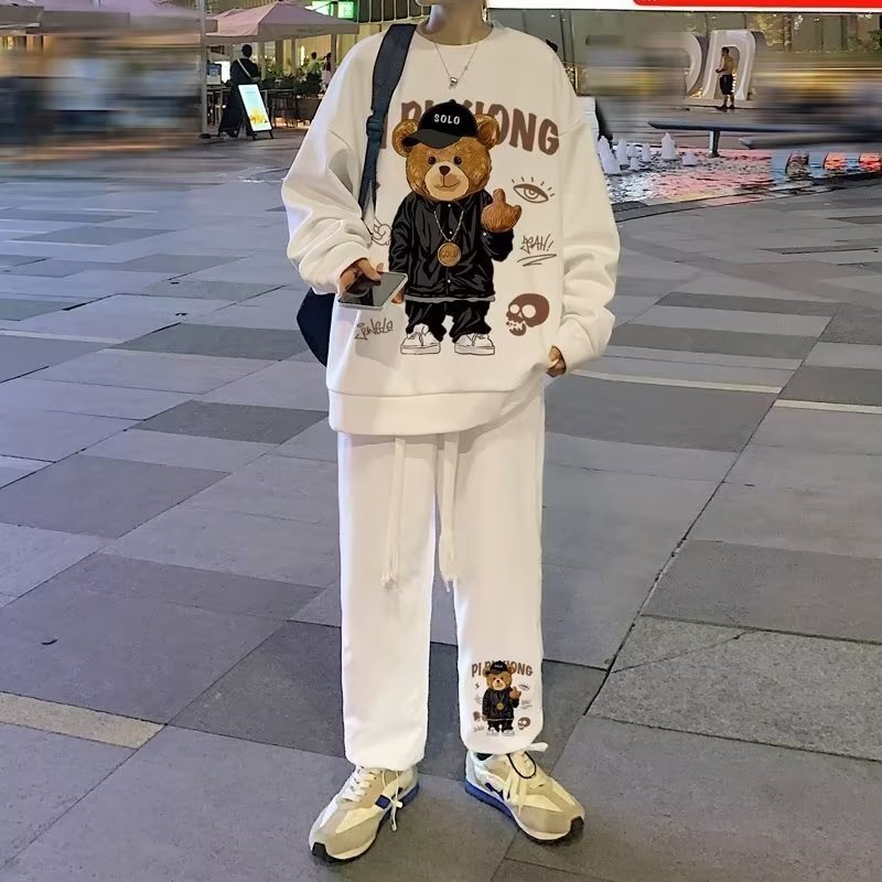 华夫格套装男春秋季休闲宽松大码运动裤子ins潮流卫衣卫裤两件套详情2