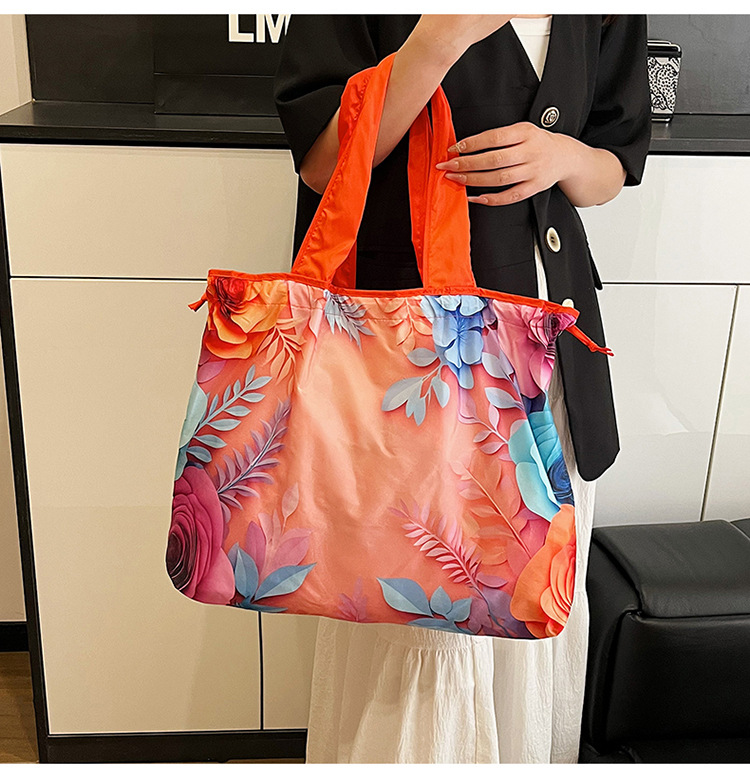 大容量花朵印花单肩包防水购物袋尼龙外出托特包时尚复古手提包详情9