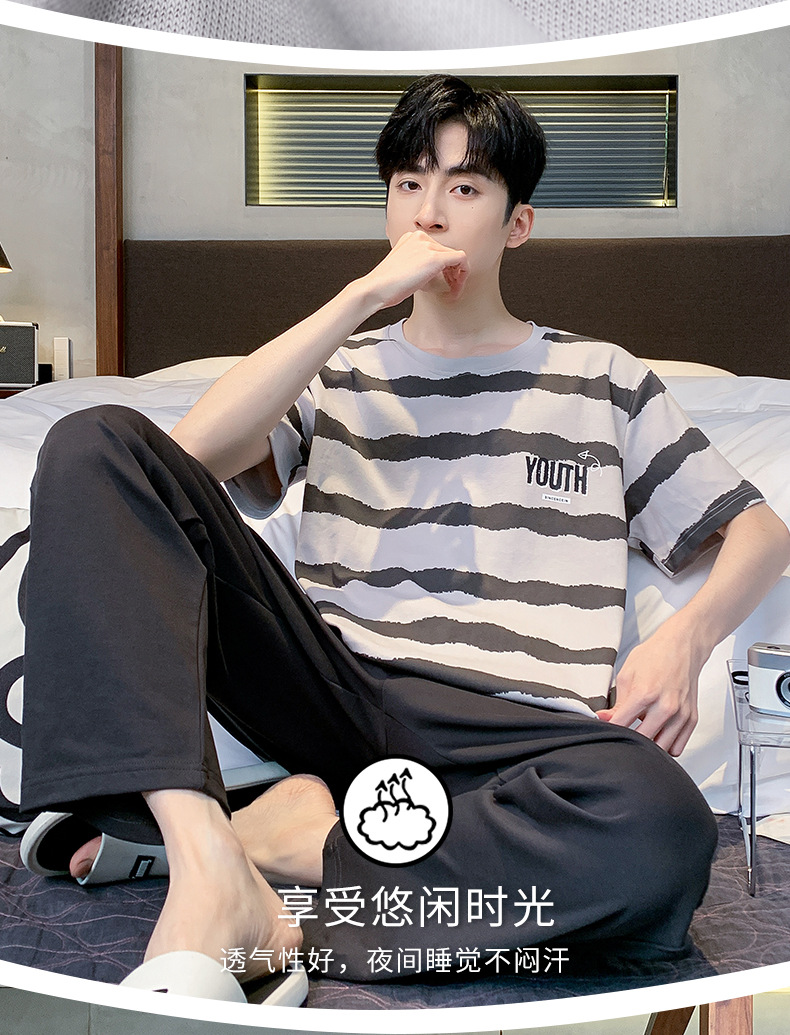 短袖长裤纯棉睡衣男士韩版宽松休闲简约夏天薄款中青年家居服套装详情4