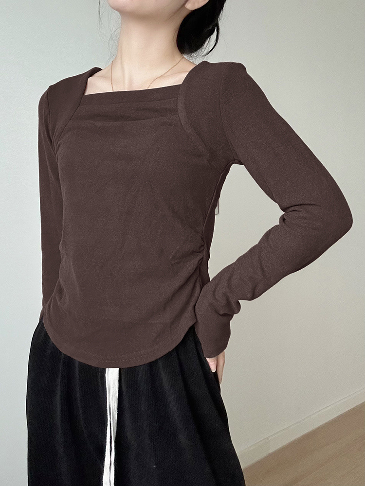 磨毛长袖t恤女秋冬内搭修身方领锁骨德绒打底衫短款上衣2024新款详情5