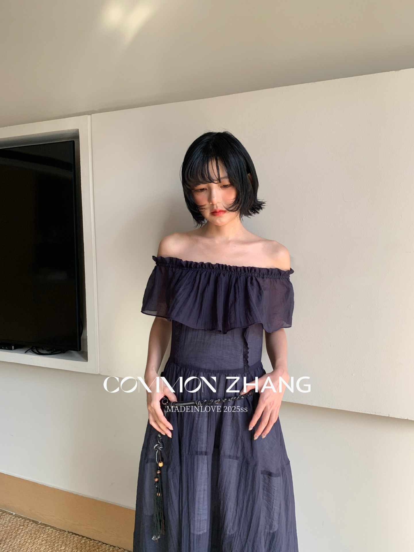 CZ ZHANG Summer French lace patchwork one-shoulder off-the-shoulder sexy slightly transparent texture dress for women B26857 pic 20