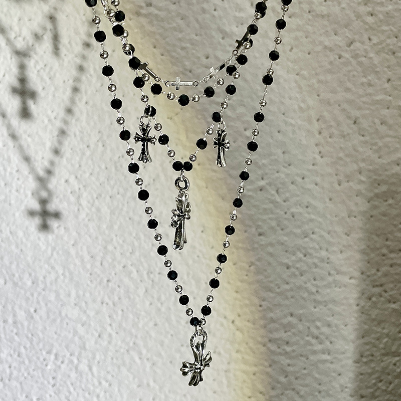 Retro cross-flower pendant black bead necklace, multi-layer layered punk, ins style, high-end collarbone chain, hot girl necklace pic 14