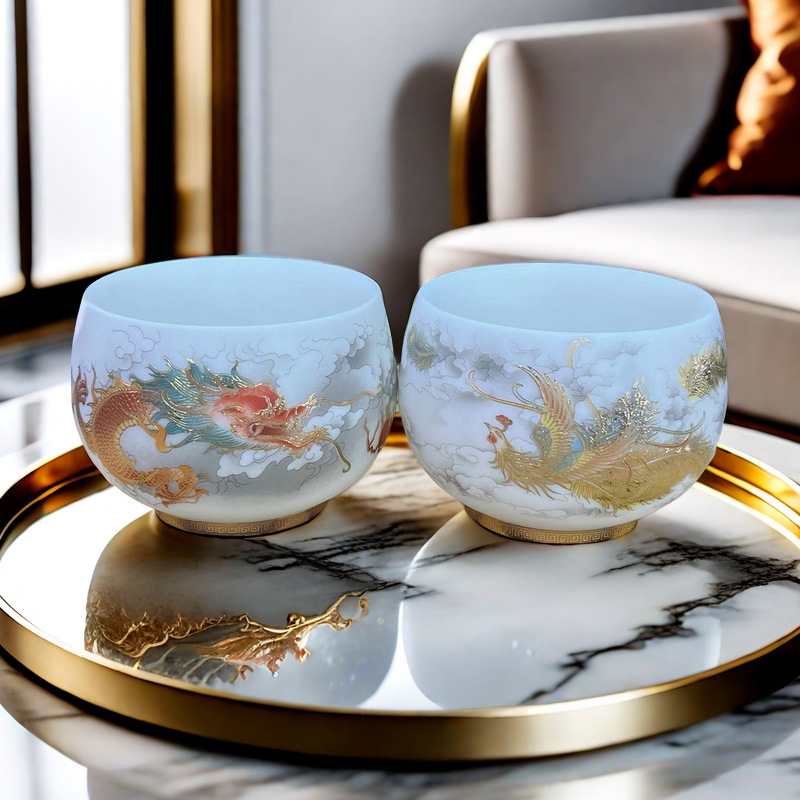 羊脂玉陶瓷龙凤对杯茶碗品茗杯主人杯茶盏高档茶杯礼品详情1