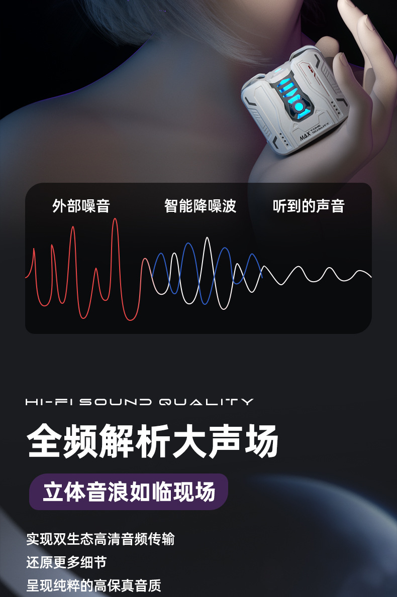 GM80 wireless Bluetooth headphones feature intelligent noise cancellation, comfort, water resistance, in-ear gaming, music, mecha, cool appearance and private mold pic 7