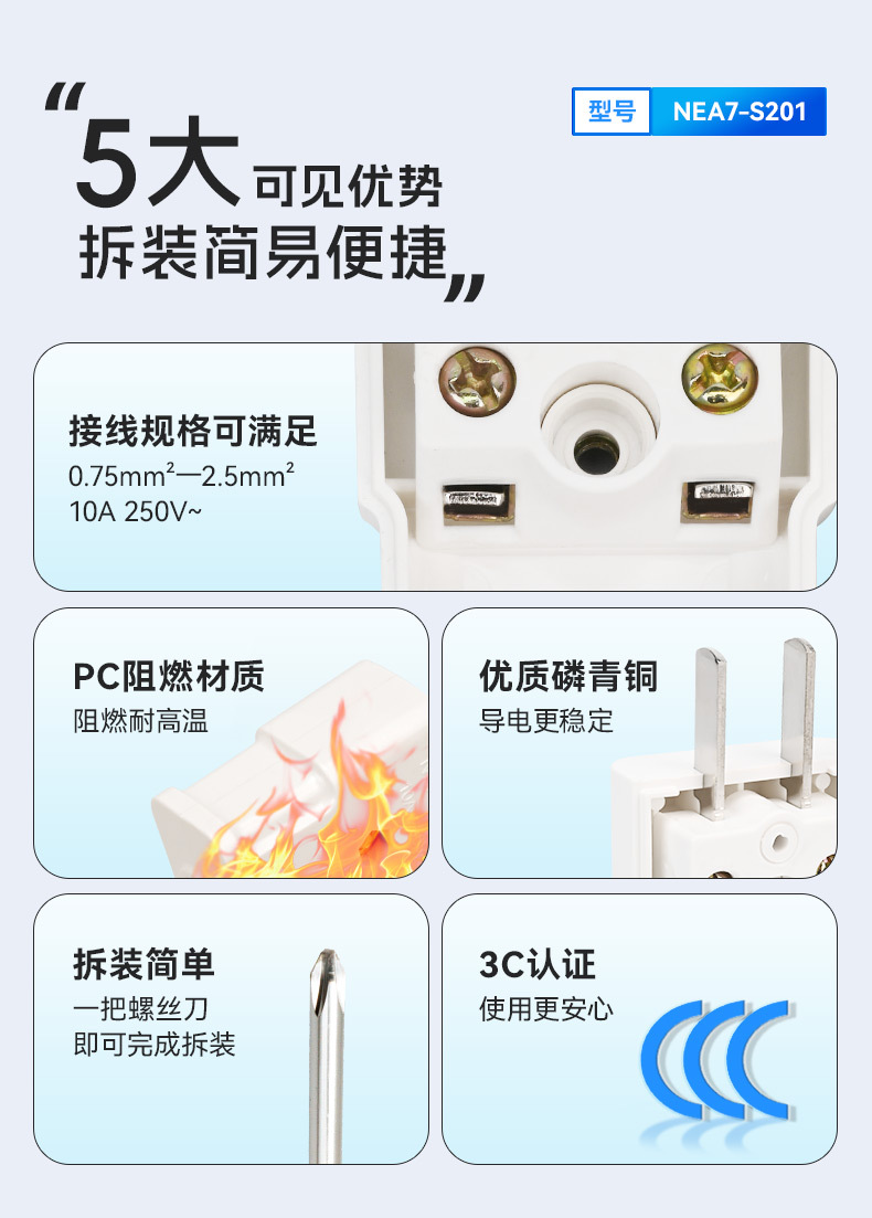 正泰单相二极电源插头NEA7-S201 磷青铜插脚PC阻燃外壳250V二插头详情2