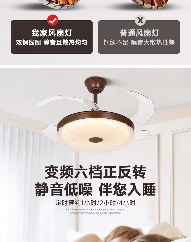 全光谱新中古风扇灯客厅餐厅卧室复古胡桃木色隐形电护眼吊扇灯详情8