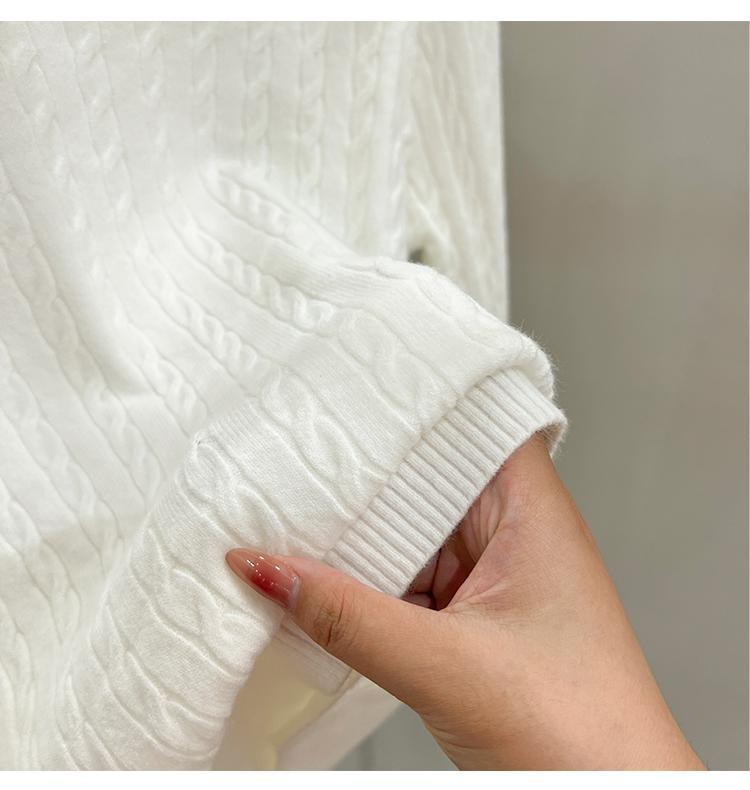 A loose embroidered knitted base layer for women can be paired with a new autumn and winter stylish long-sleeved white sweater with a twist pattern pic 10