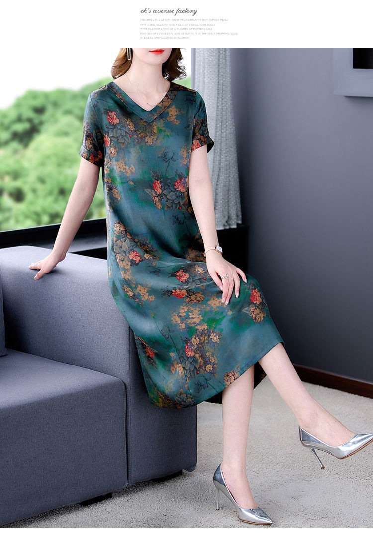 重磅真丝连衣裙女2024夏装新款宽松阔太太中老年妈妈装桑蚕丝裙子详情11
