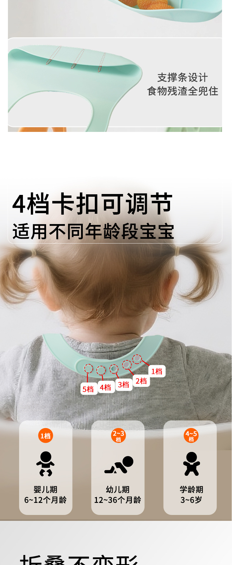 Pink, blue and light green silicone bib for babies, drip-proof and leak-proof, adjustable bib, soft and safe pic 3