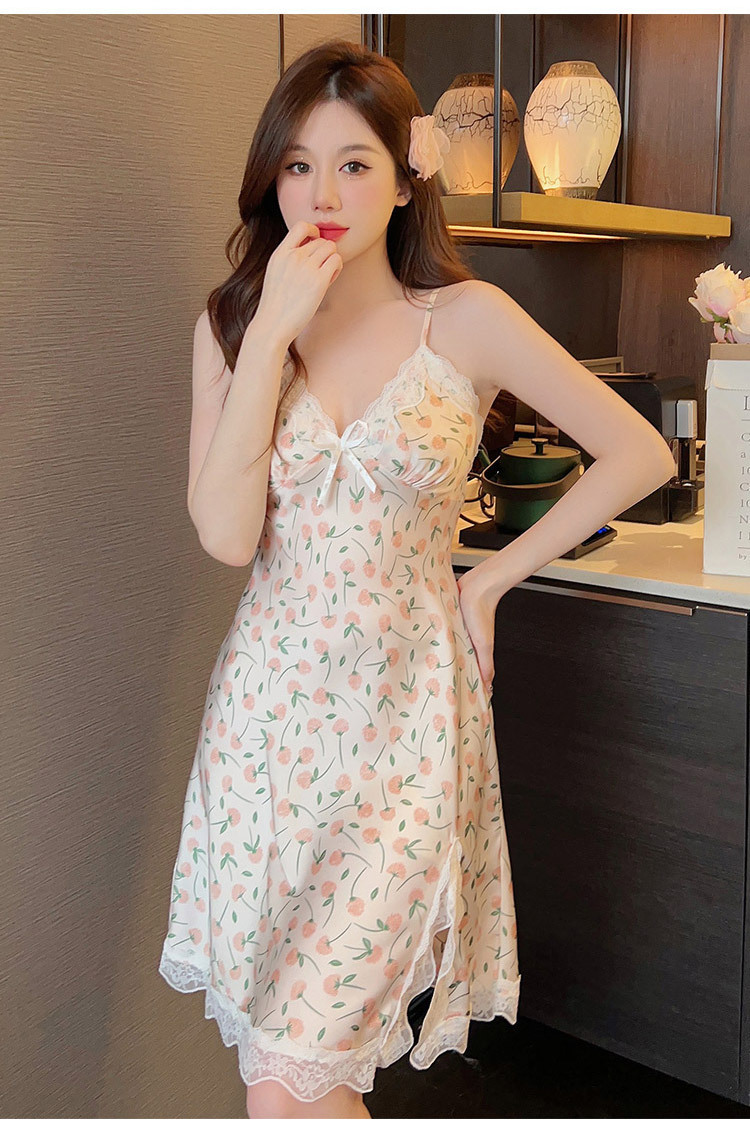 2023新款性感睡裙女士夏季吊带冰雪丝睡衣ins印花纯欲睡衣带胸垫详情8