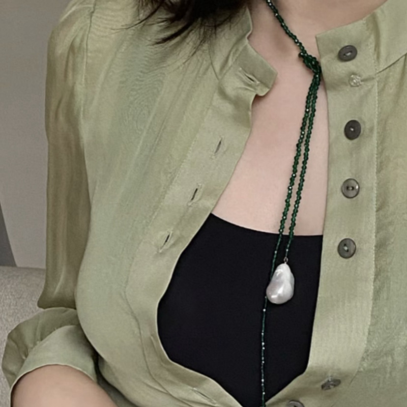 时尚超长珍珠绿尖晶串珠项链女长款毛衣链小众设计感气质颈链配饰详情5