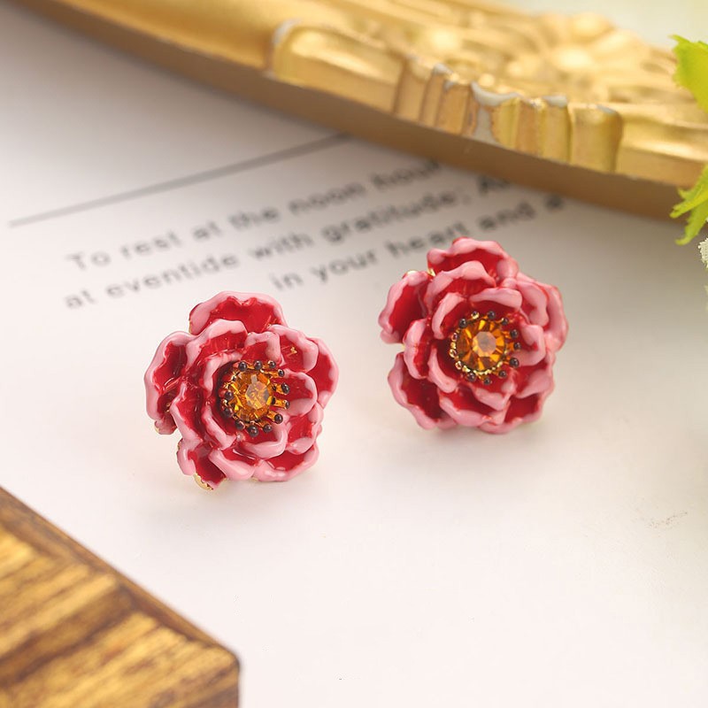 New Chinese-style enamel peach blossom earrings, super ethereal retro forest-themed stud earrings, French exaggerated layering vintage earrings pic 22