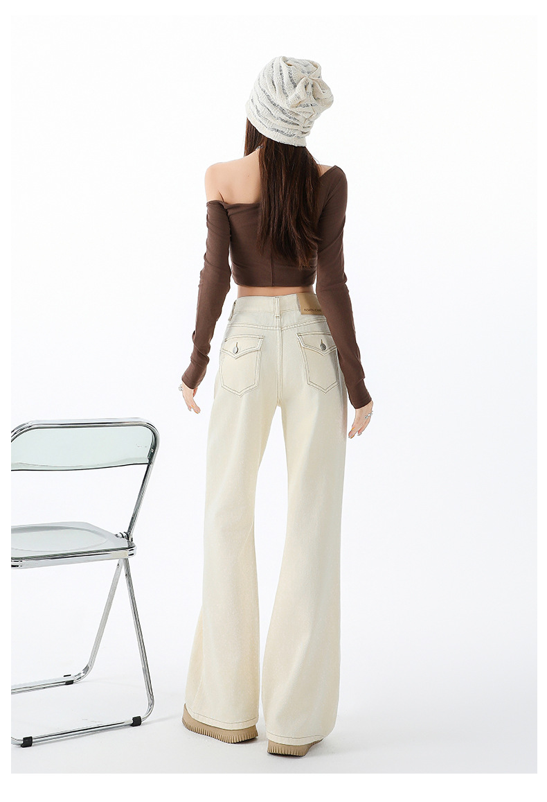 米白色不贴腿微喇牛仔裤女秋季美式辣妹高街宽松垂感阔腿喇叭裤子详情20