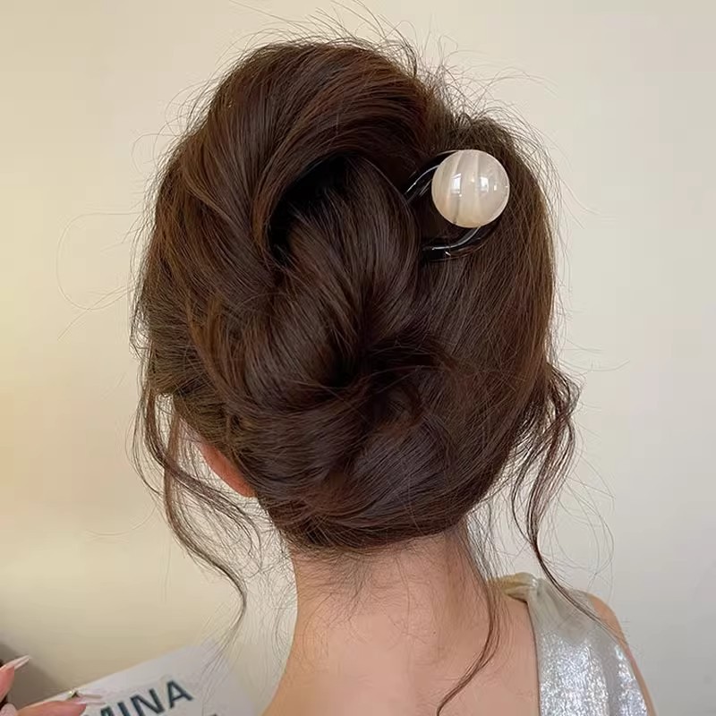 Coconut Jelly round Beads ~ Retro and simple U-shaped bead hairpin for women 2024 new high-end summer bun hair accessory pic 3