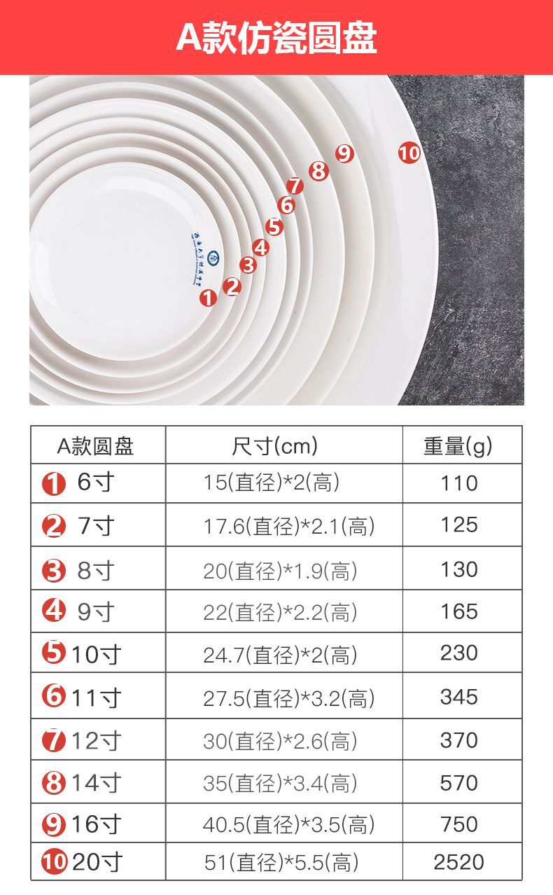 密胺仿瓷餐具白色圆盘酒店餐盘菜盘家用小盘子商用塑料圆形吐骨碟详情6