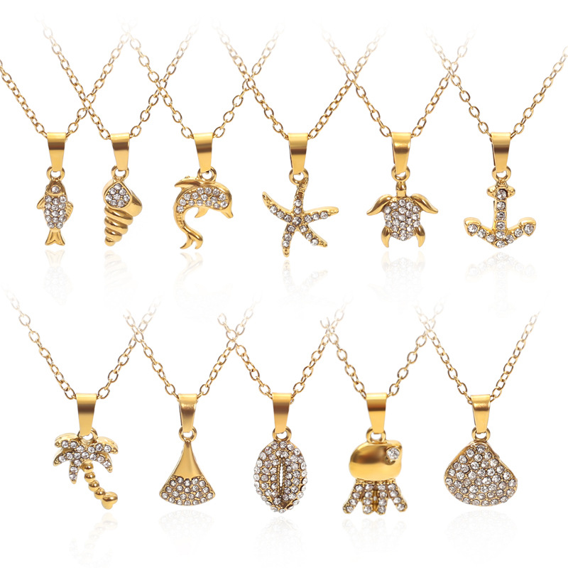 Wholesale of European and American versatile beach and ocean series diamond-encrusted small fish necklaces for women, cross-border light luxury and high-end titanium steel pendants pic 14