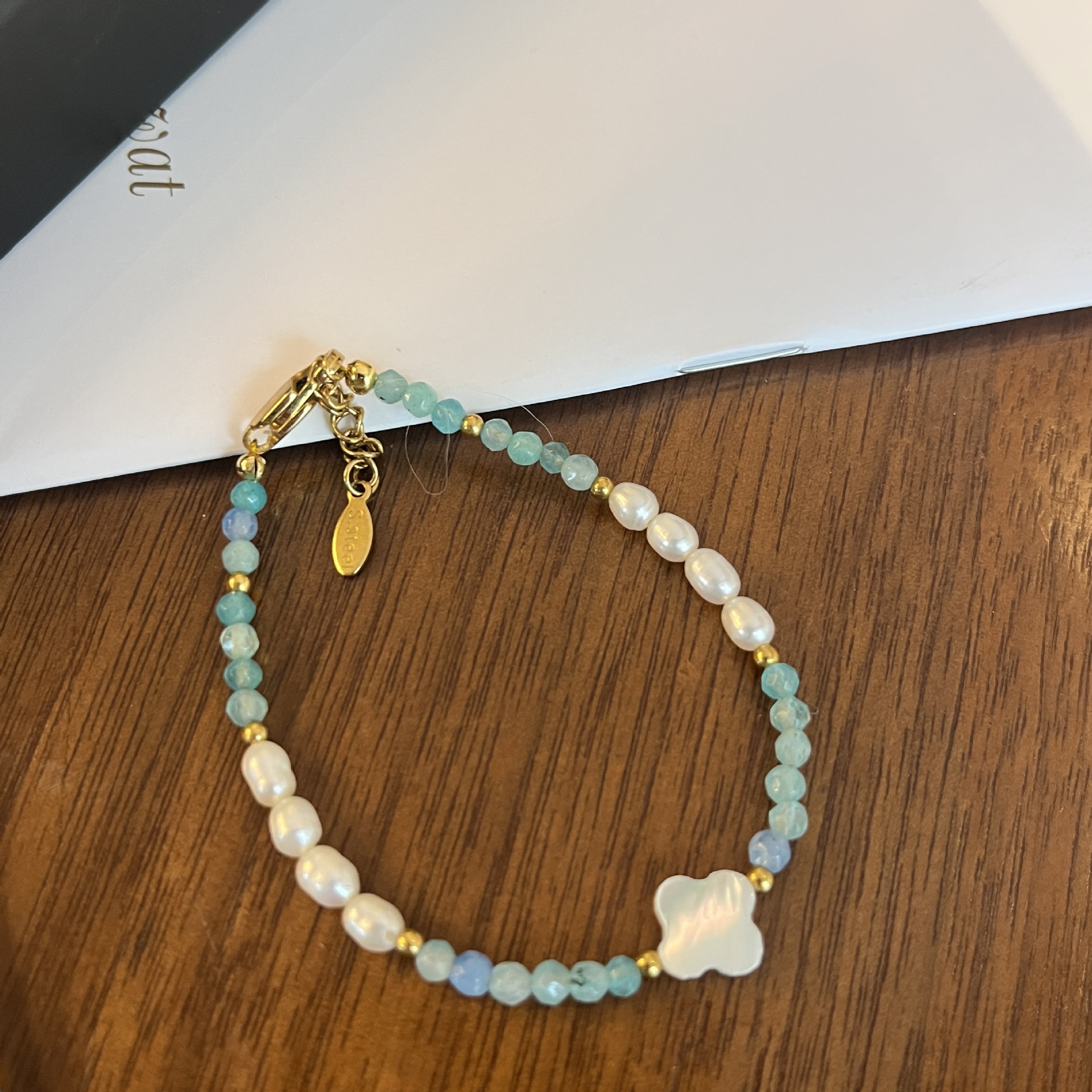 海蓝宝天然石贝母幸运草项链气质淡水珍珠贝壳蓝绿串珠小清新项链详情8