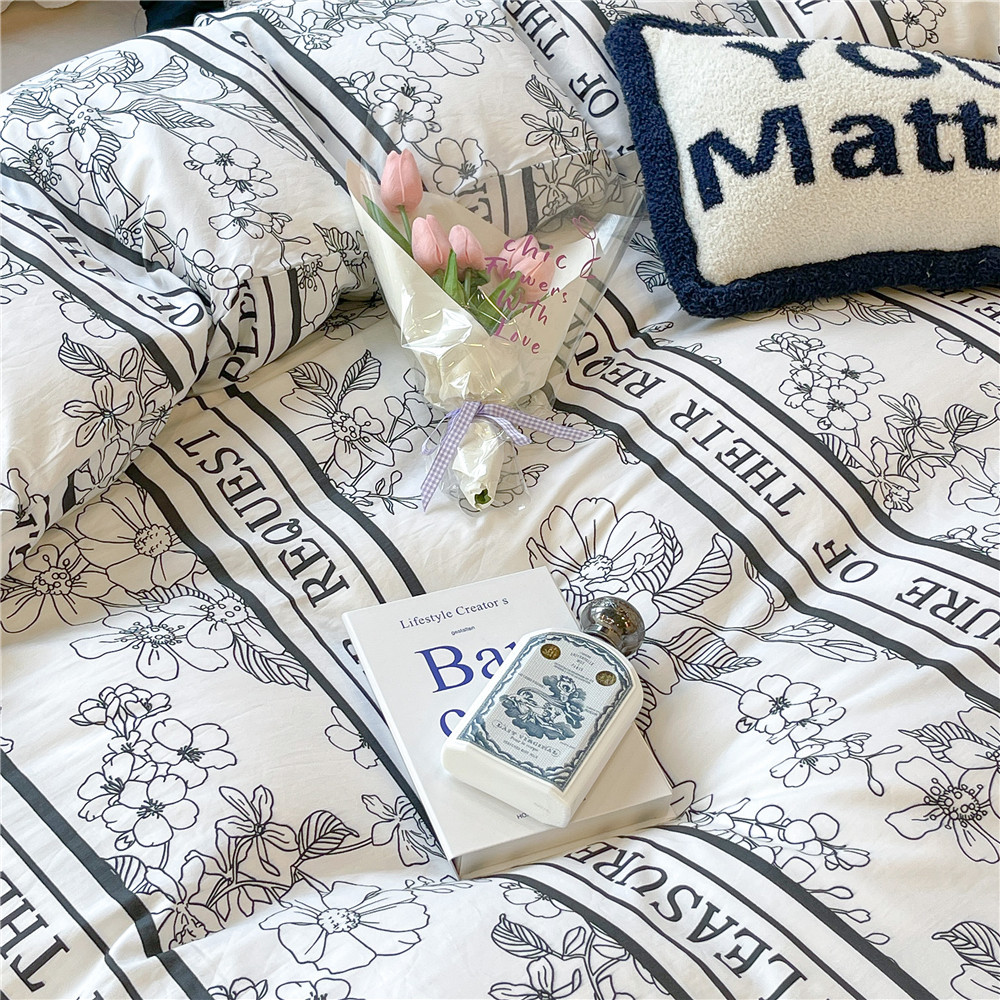 French Hepburn style pure cotton four-piece set, high-end feel, pure cotton black and white sketch flower duvet cover, all-cotton edge bedding pic 64