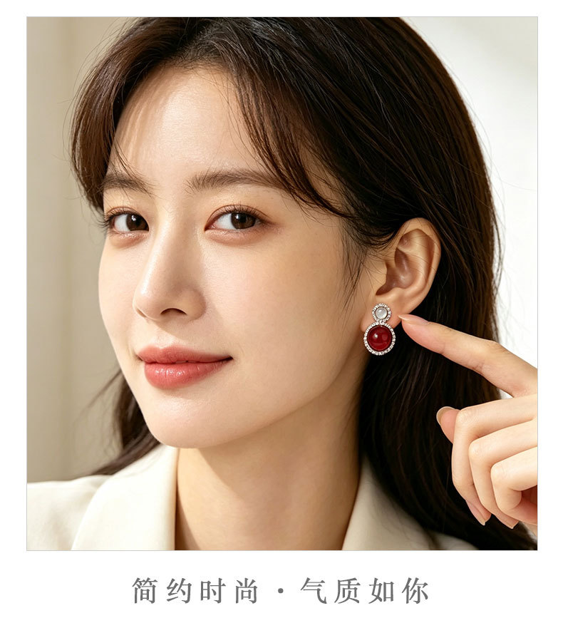 Factory direct supply new Chinese-style double round agate pendant earrings with a retro and high-end feel, red and green dual-color s925 silver needle earrings pic 9