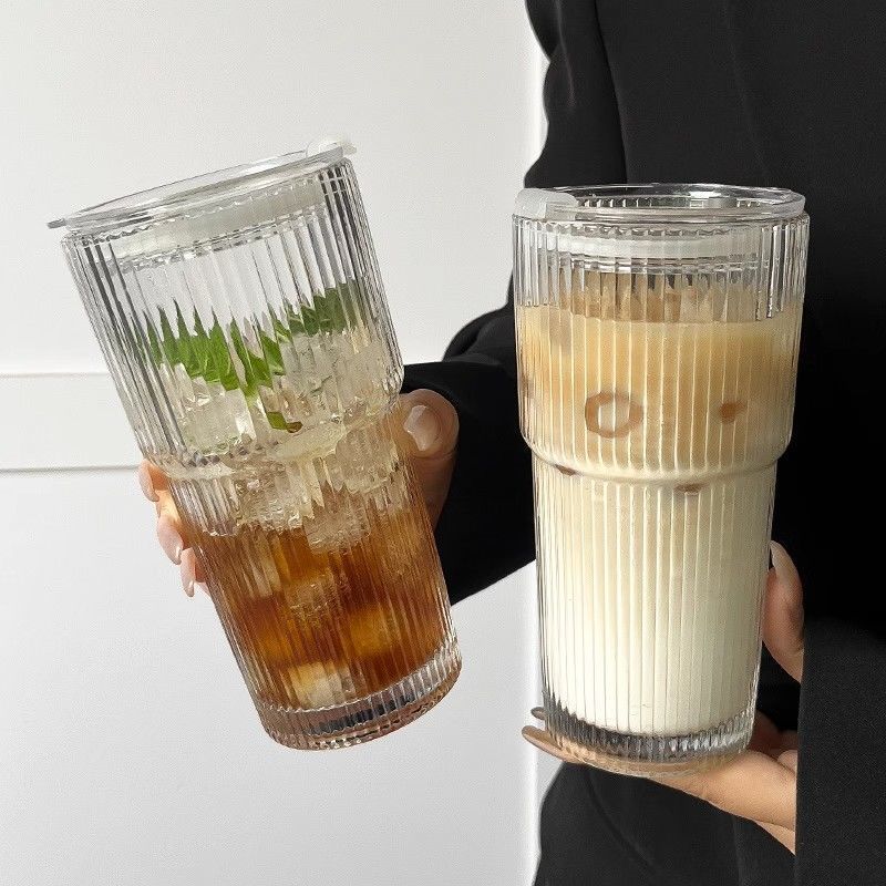 Free shipping, Ins-style glass cup, high appearance level, straw cup, large-capacity vertical pattern water cup, cold drink, juice and coffee cup with lid pic 5