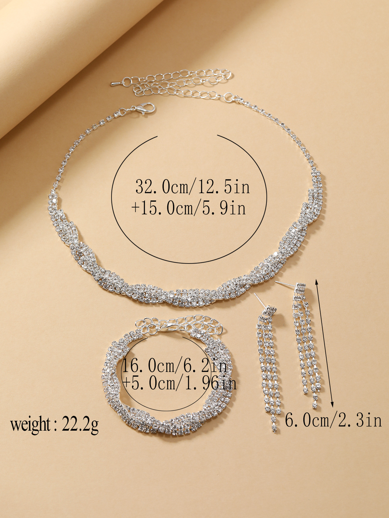 Accesorios de fiesta de boda conjunto de tres piezas decoración de mujer moda garra cadena radiante diamante completo banquete pulsera collar earlop set pic 3