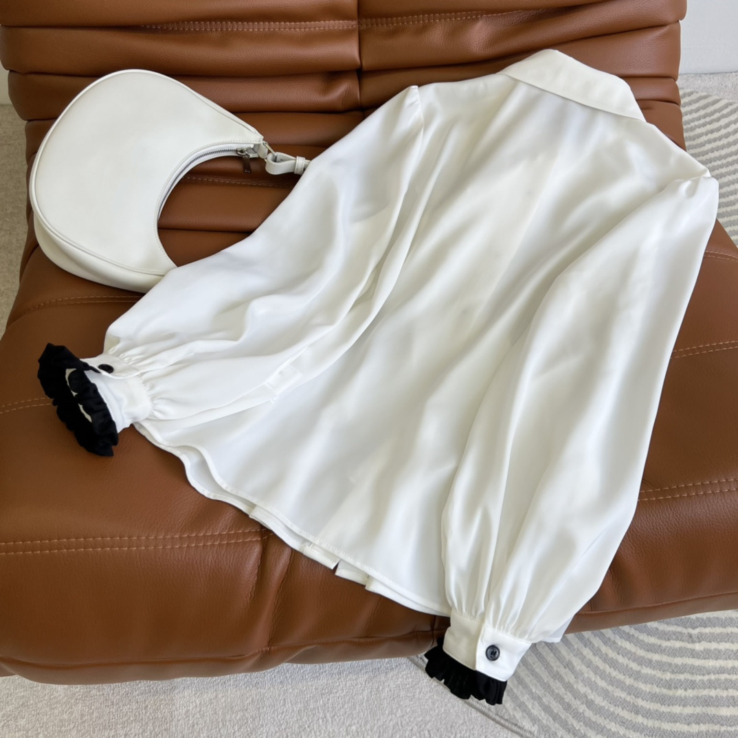 Shenzhen Nanyou high-end original single Xiaoxiangfeng 2022 Spring/Summer French romantic color-blocking black fungus lace bow tie decorated shirt pic 16