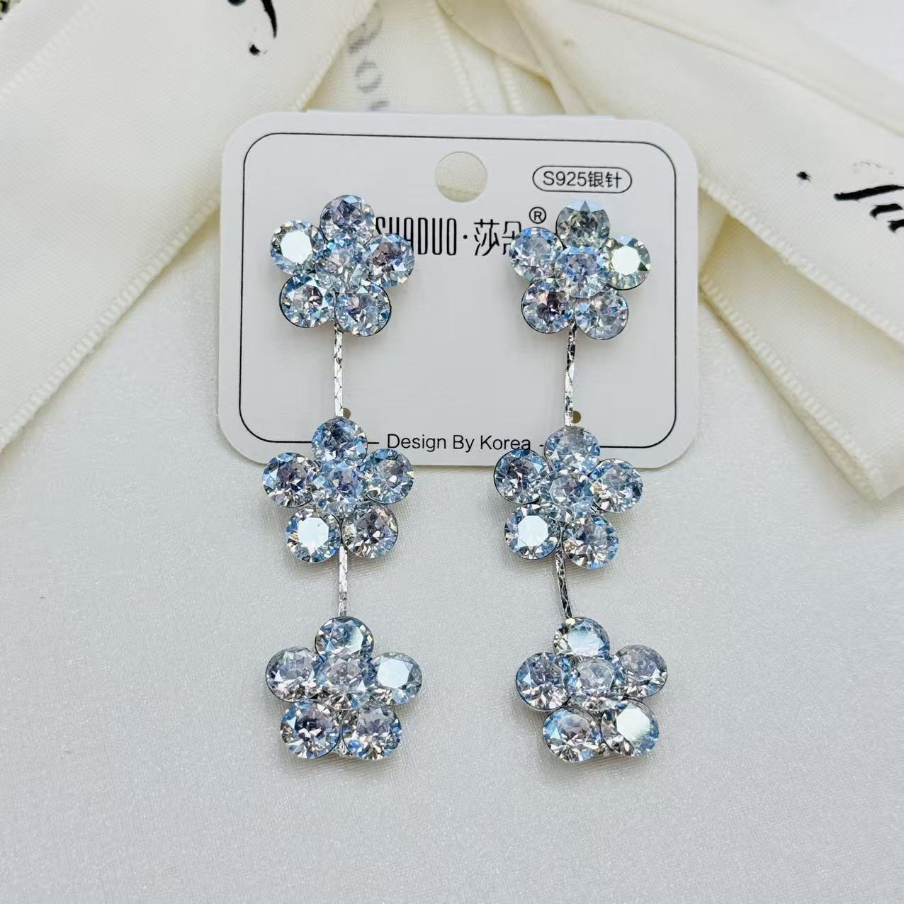 S925纯银针奥钻水晶花朵长款耳坠彩色水晶流苏耳环女时尚气质耳饰详情7