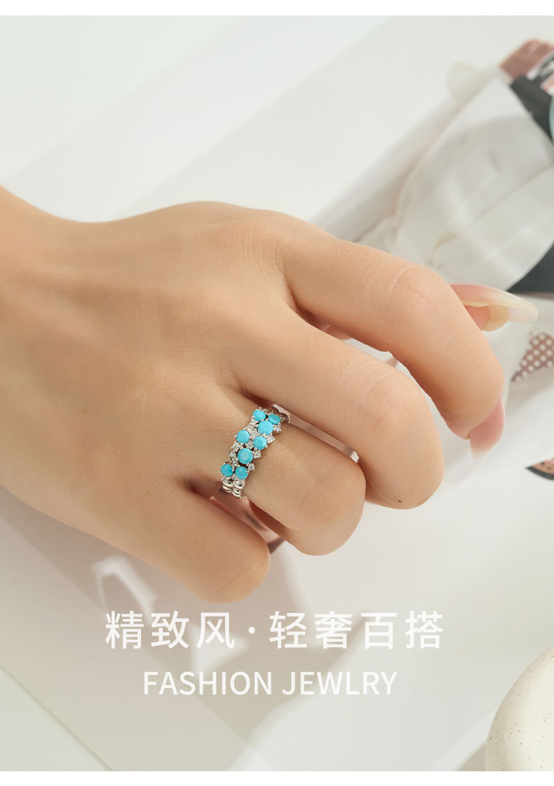Light luxury high-end color gemstone open ring, slightly inlaid with zirconium blue pine emerald champagne adjustable ring in copper alloy pic 11