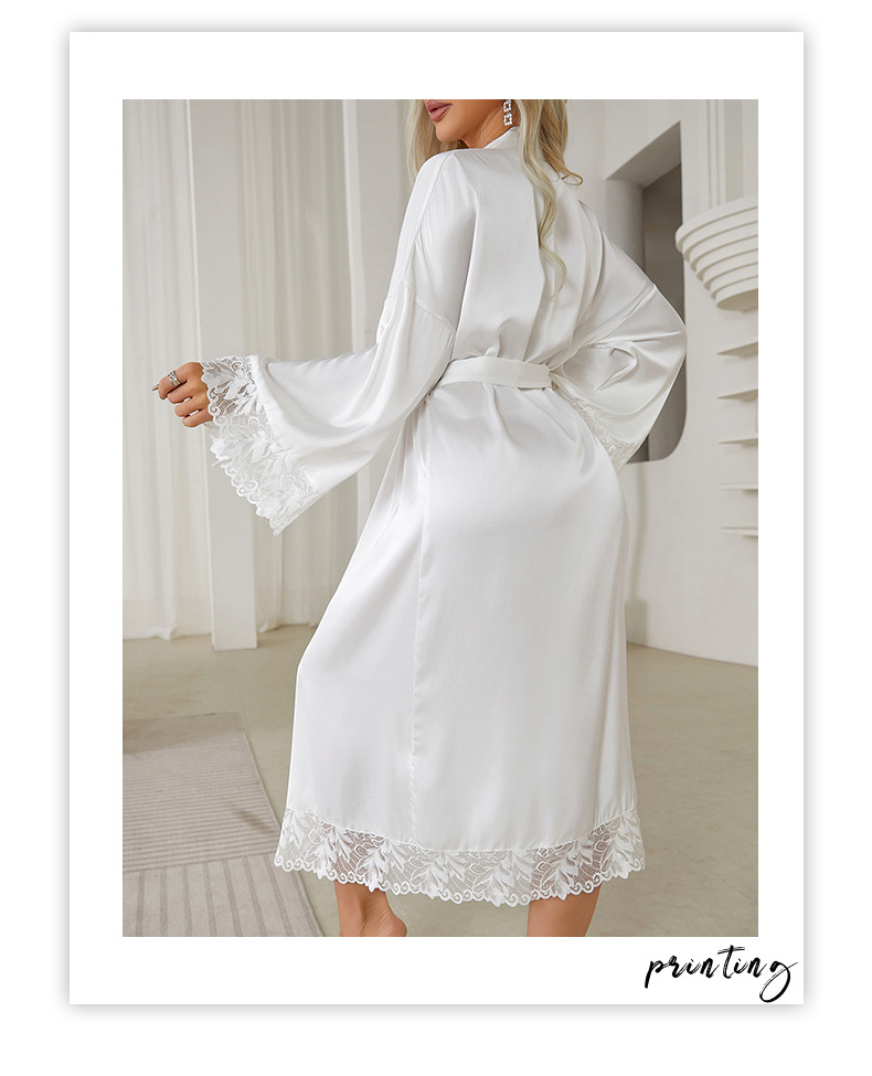 A black and white V-neck lace-trimmed mid-length, slit, light luxury and sexy nightgown for export, 682 pic 5