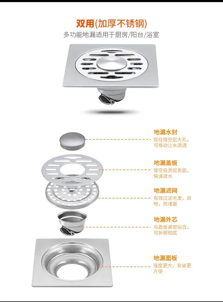 跨境 不锈钢地漏加厚方形工程地漏卫生间淋浴洗衣机两用防臭地漏详情12