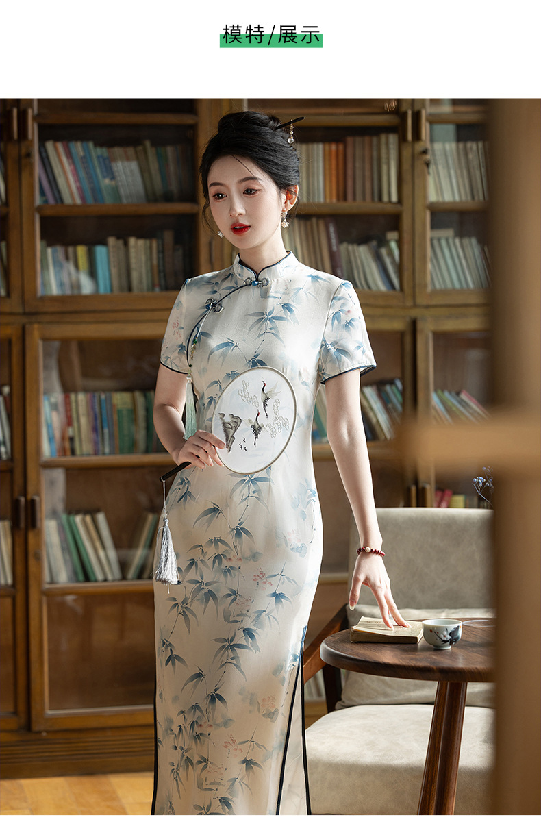 Fresh and elegant bamboo leaf long double-layer style slimming cheongsam short-sleeved new Chinese-style stand-up collar 2025 Summer new style pic 9
