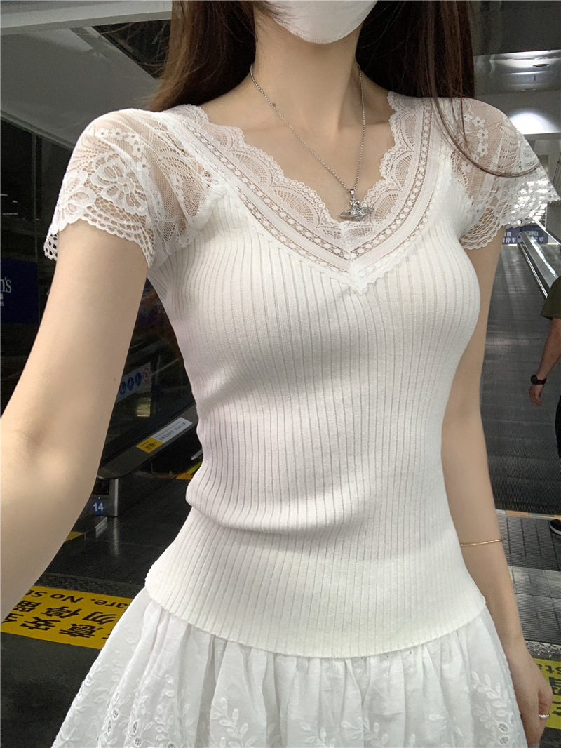甜辣妹花边领夏设计感蕾丝小飞袖短袖修身显瘦针织衫女上衣详情1