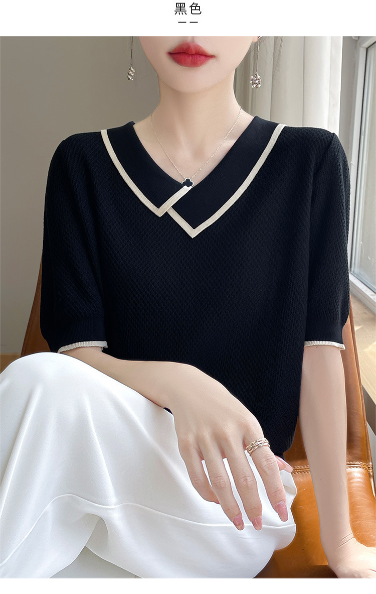 撞色薄款天丝t恤短袖针织衫显瘦遮肉翻领夏季小个子女士宽松上衣详情15