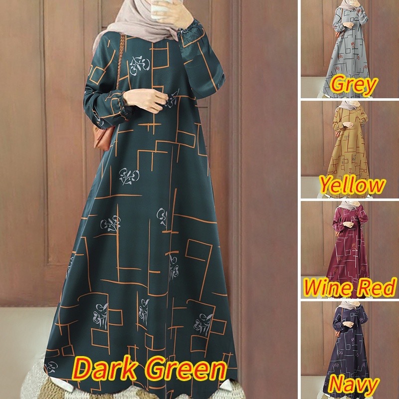 2026 New cross-border Middle East Muslim casual pullover long-sleeved loose round-neck long printed dress Long dress pic 2