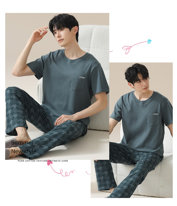 Summer pure cotton pajamas for men, cartoon casual short-sleeved shirts and long pants, pure cotton comfortable home wear, summer youth student set pic 75