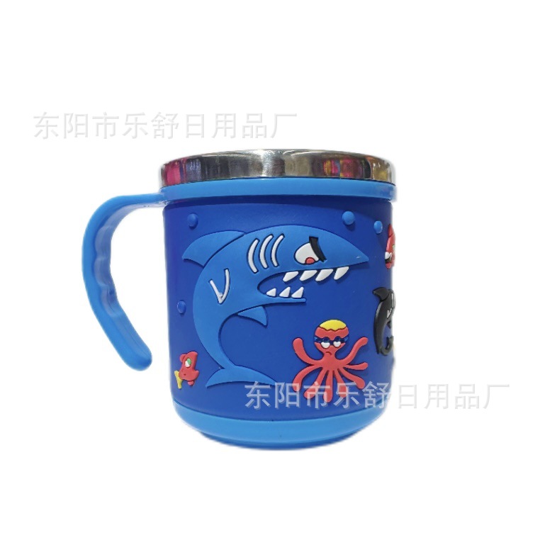 不锈钢儿童水杯卡通创意杯子带盖带手柄双层隔热pvc软胶不锈钢杯详情5