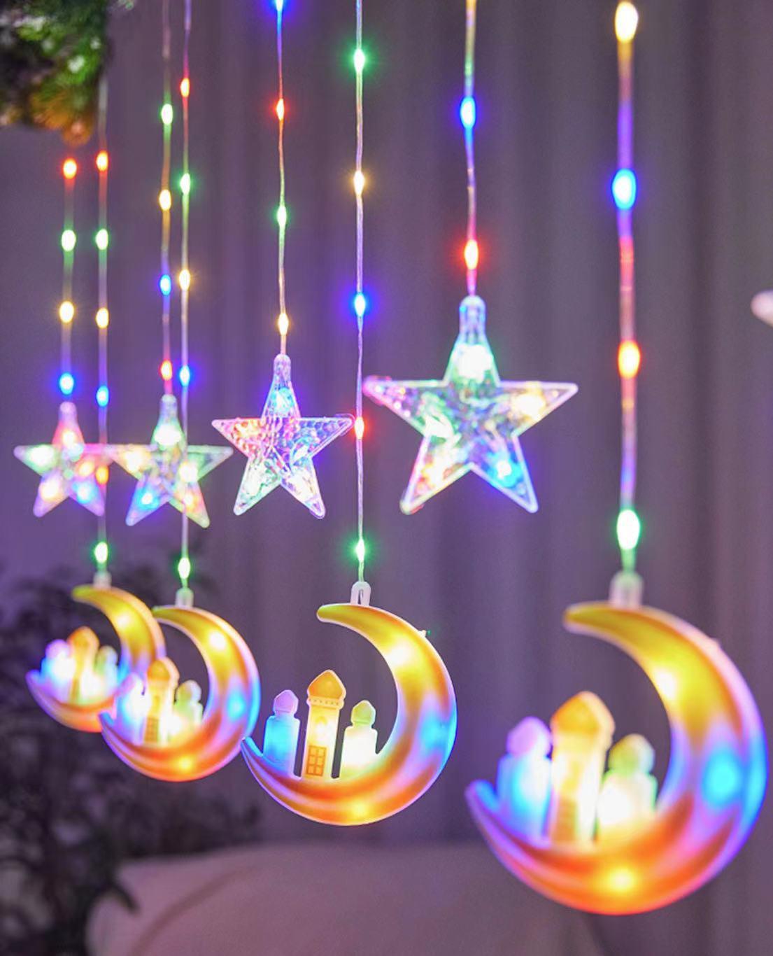 Cross-border foreign trade LED painted leather line star and moon curtain light interior decoration 10 hanging moon five-pointed star castle color pic 9