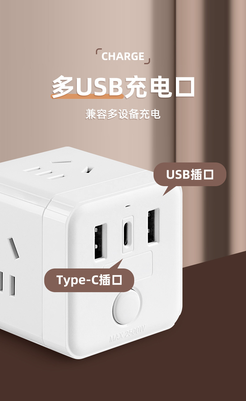 魔方插排家用电源插座转换插头一转多孔多功能孔带USB+c孔详情11