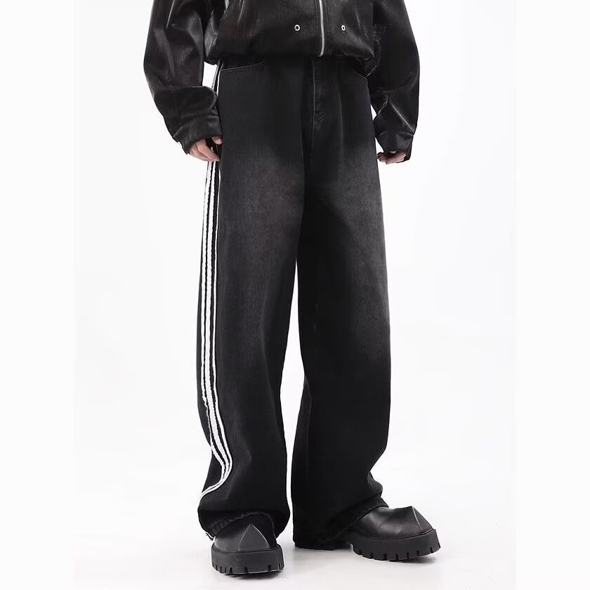 FUIV 美式条纹拼接牛仔裤男潮复古直筒宽松高街高街潮流痞帅长裤详情2