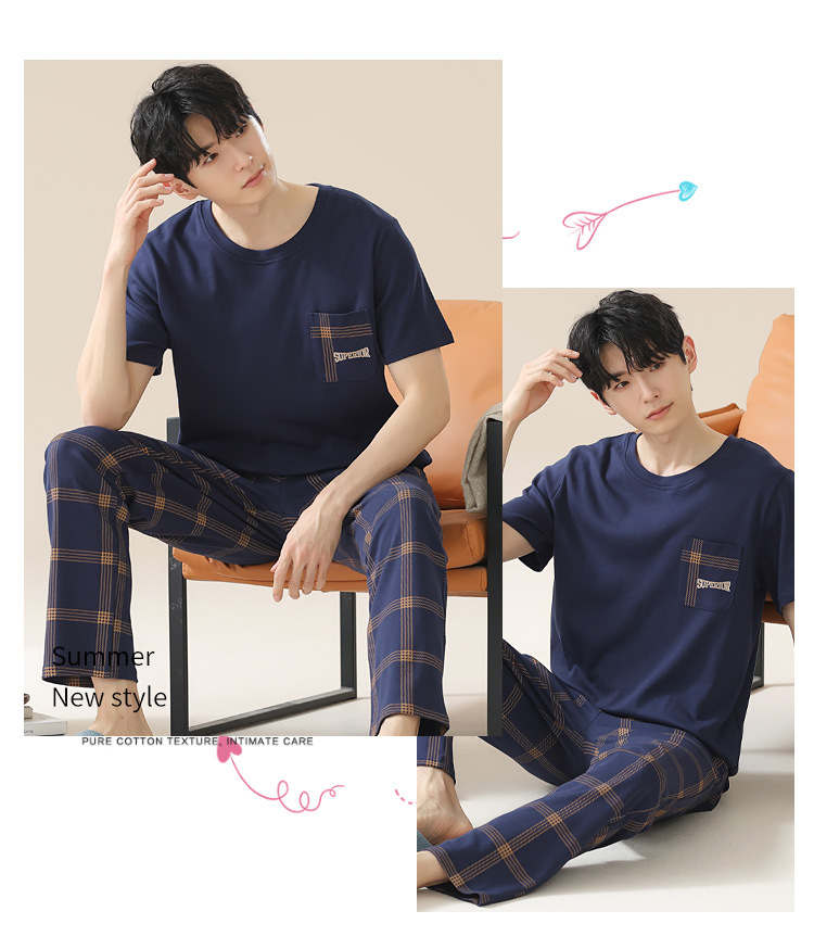 Summer pure cotton pajamas for men, cartoon casual short-sleeved shirts and long pants, pure cotton comfortable home wear, summer youth student set pic 9