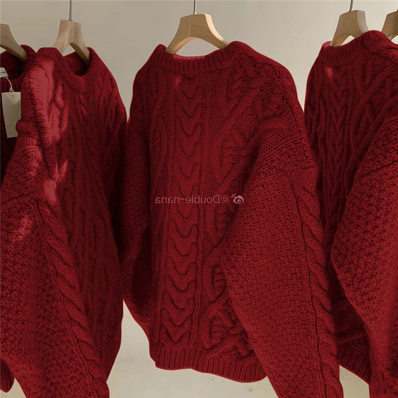 A large-sized red tweed sweater for Christmas and New Year, thick and loose for women, and a laid-back pullover sweater for autumn and winter pic 13