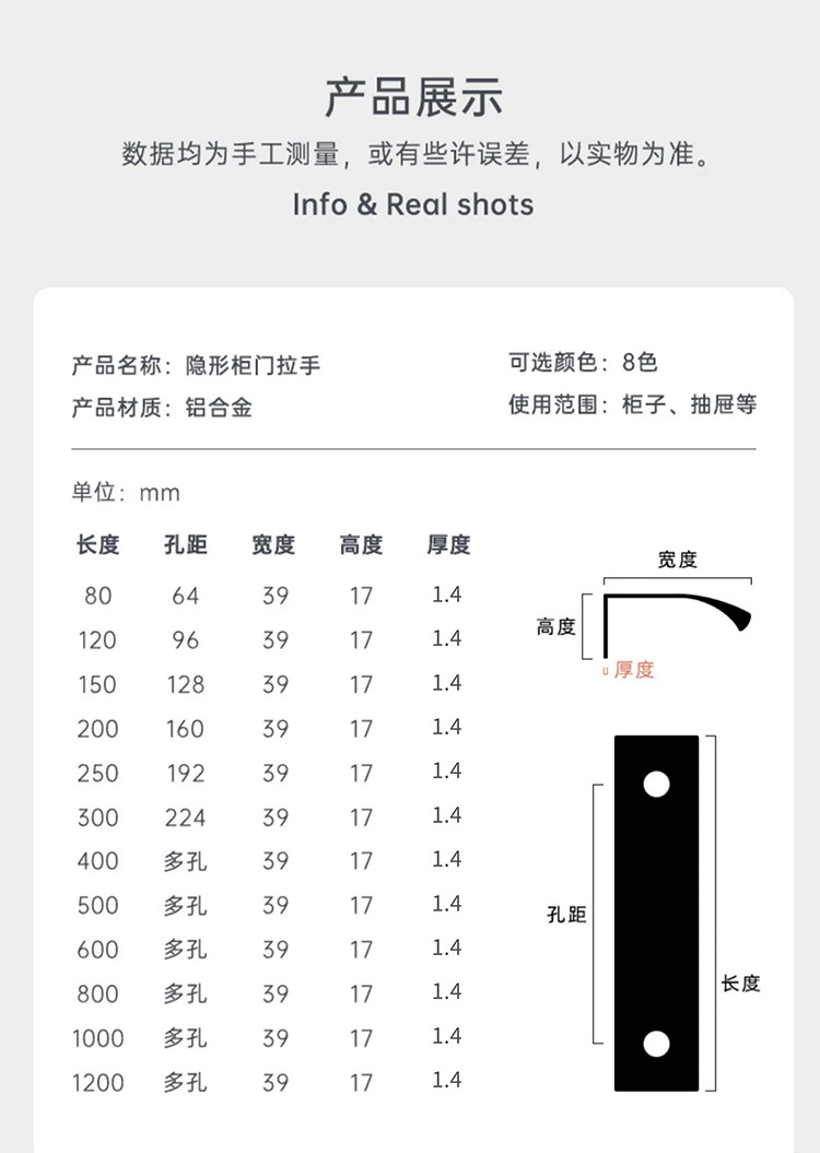 厂家直销莫兰迪色铝合金圆弧封边隐形衣柜拉手现代抽屉门把手批发详情14