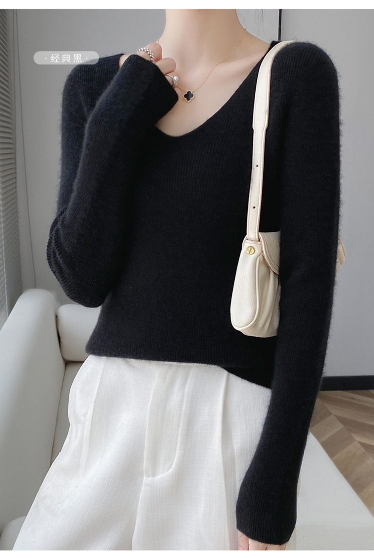一线成衣100纯羊毛衫女圆领修身显瘦毛衣抽条V领羊绒针织打底内搭详情34