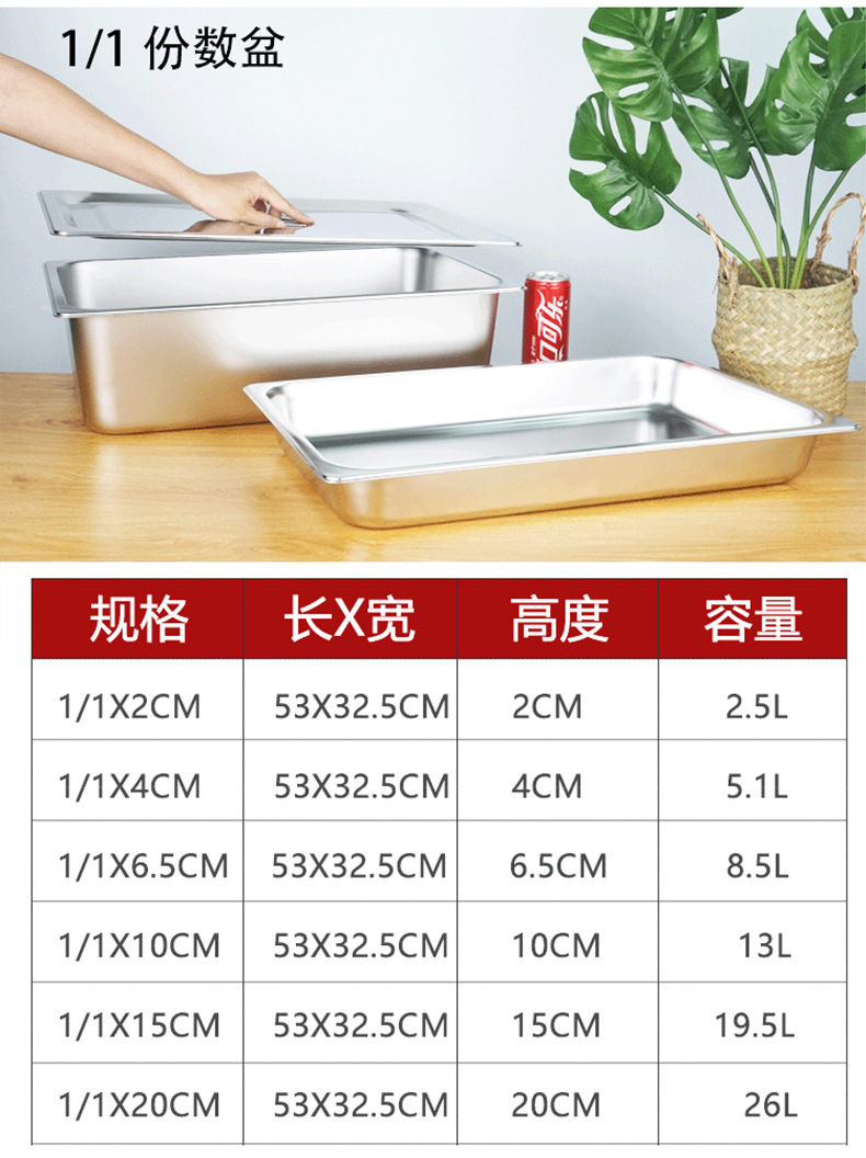 304不锈钢份数盆加厚带盖自助餐食物盆不锈钢长方形分数盘1/1批发详情7
