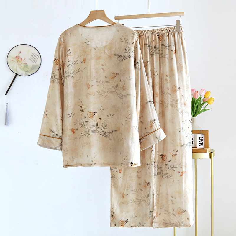 New Chinese-style ancient-style pajamas for women in spring and summer, thin bamboo and cotton Chinese-style Hanfu long-sleeved set for home wear, suitable for outdoor wear pic 6
