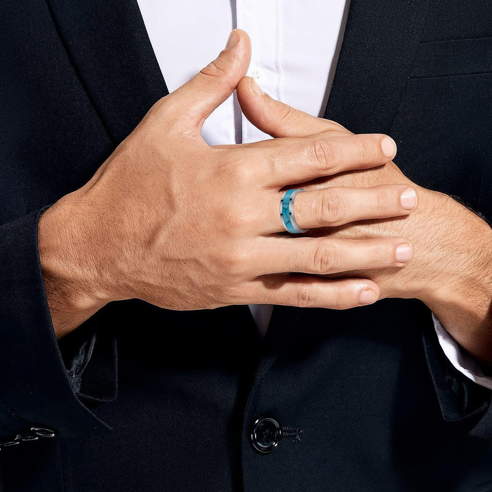 亚马逊经典钛钢情侣戒指对戒绿松石蓝色指环婚戒韩版时尚饰品详情5