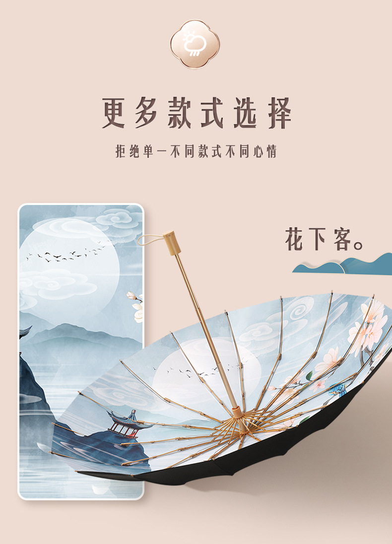 三折16骨手开晴雨伞复古潮流实木手柄遮阳伞黑胶防晒太阳伞可印字详情20